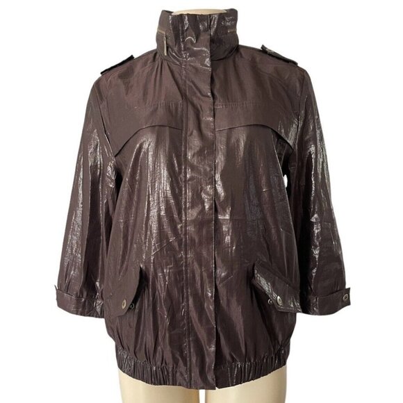 Chico’s 80’s Wet Look Brown Shiny Bomber Jacket Hooded 3/4 sleeve Size 1 / Med - Picture 1 of 12